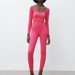 Zara hot pink fuchsia seamless ribbed top and leggings coordinated set NWT